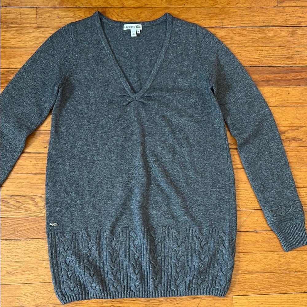 Lacoste Gray V-Neck Sweater with Textured Hem